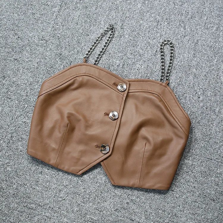 2022 New Chain Fashion Ladies Sheepskin Leather Camisole Vest E21 spring womens new chain strap elastic vest sheepskin genuine leather single breasted solid korean short vest elegant camisole