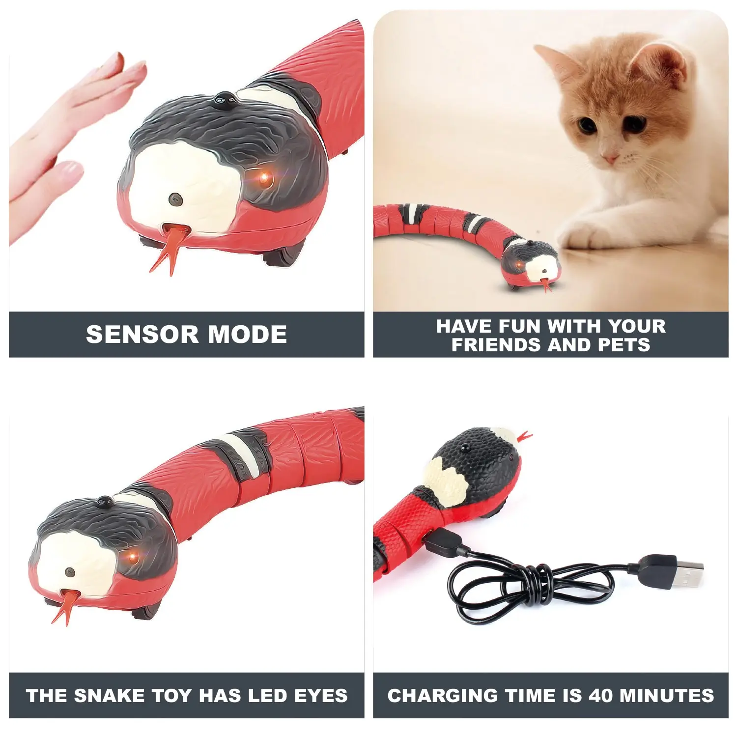 Cat Toys Smart Sensing Interactive Automatic Eletronic Snake Cat Teaser Indoor Play USB Rechargeable for Cats Kitten