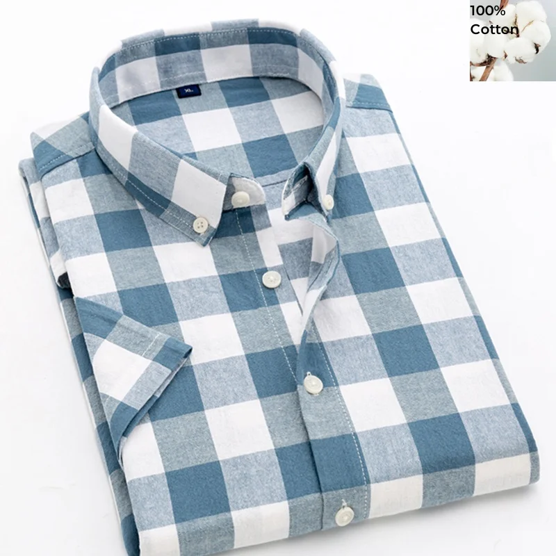 100% Cotton Plaid Shirt Men's Short-sleeved Slim Summer Thin Korean Style half-sleeved shirt No-iron Tees Male Clothing 2