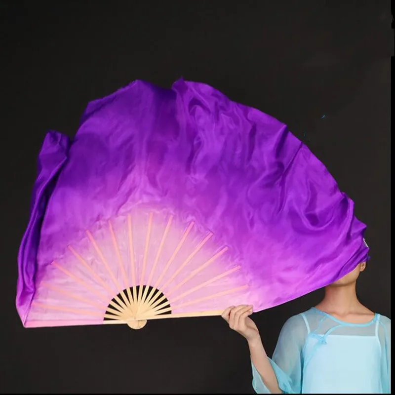 

30Inch Chinese Folk Dance Silk Veil Women Yangko Dance Fan Veil Pair Real Silk Half Moon Show Props AdultsPink Purple Gradient
