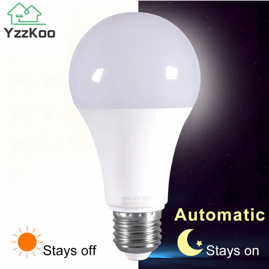 YzKoo LED 조명 제어 센서 전구, E27, AC85-265V 주간 야간 조명, 자동 ON OFF, 파티오 베란다, 정원용 스마트 램프, 12W, 9W, 7W  Best Top5