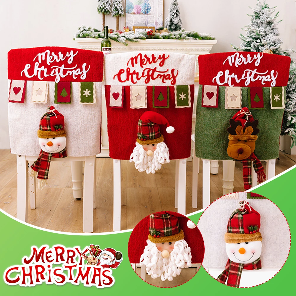 

2024 Merry Christmas Chair Cover Home Kitchen Dining Chair Cartoon Santa Claus Snowman Reindeer Chair Cover Holiday Decorations