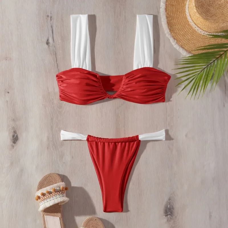 Womens V Notches Pleated Bkinis Swimwears Brazilians Swimsuits Bkinis Set for Women Full Covera