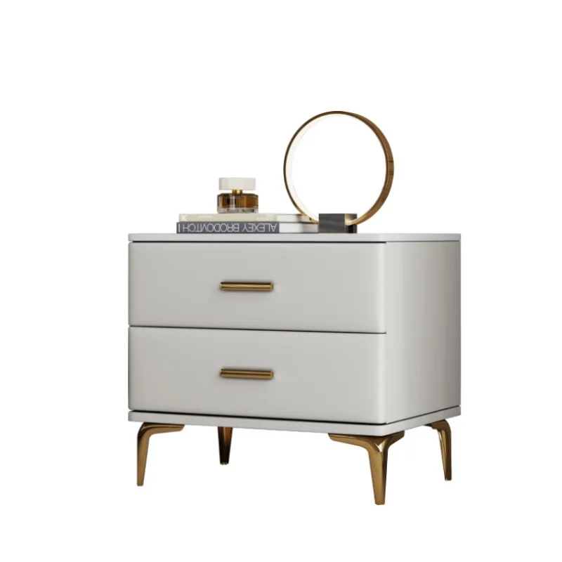 Modern Style Solid Wood Bedside Table with 2 Drawers Leather Bedroom Nightstands with Sintered Stone Top Mini Storage Cabinet