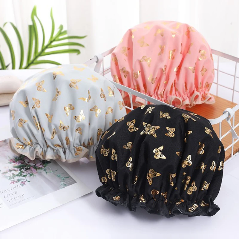 1PCWaterproofShowerCapDoubleLayerShowerHairCoverWomenSupplies