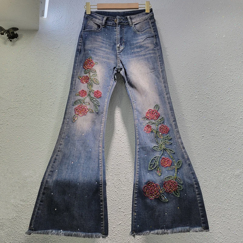 DEAT Jeans da donna a vita alta elasticizzati con ricamo fiori