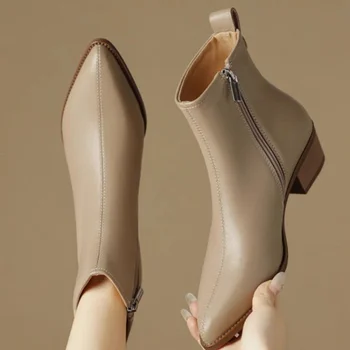 2025 New Women's  Ankle Boots - Minimalist Pointed Toe Mid Heel Booties with Soft Leather & Side Zipper, Slimming Fashion Boots 1