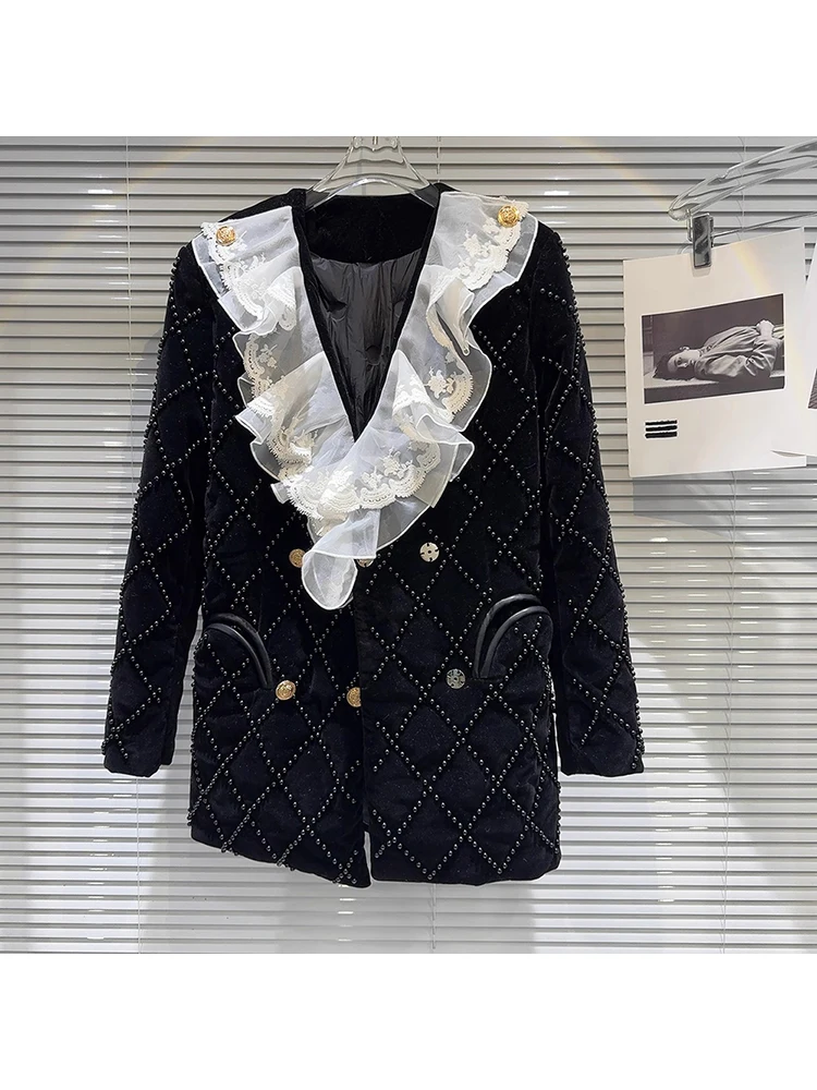 

HIGH STREET Newest 2024 Stylish Designer Jacket Women's Lace Collar Edge Pearl Velvet Down Inner Liner Coat