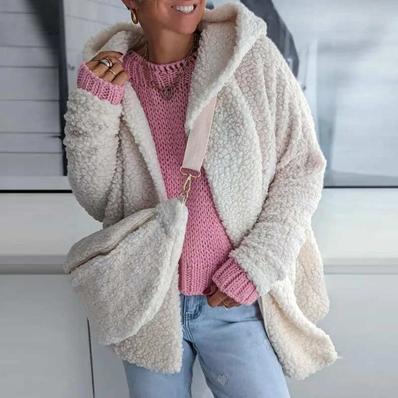 

2023 Women Casual Long Sleeve Hooded Fleece Sweatshirt Outwear Winter Lady Thickness Cardigan Elegant Fall Warm Solid Wool Coats