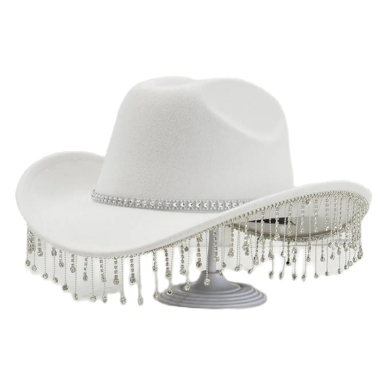 Western Cowboy Party Bridal Felt Water Diamond Chain Tassel Pendant Ball Top Hat Water Drop Gem Unique Sunshade Hat