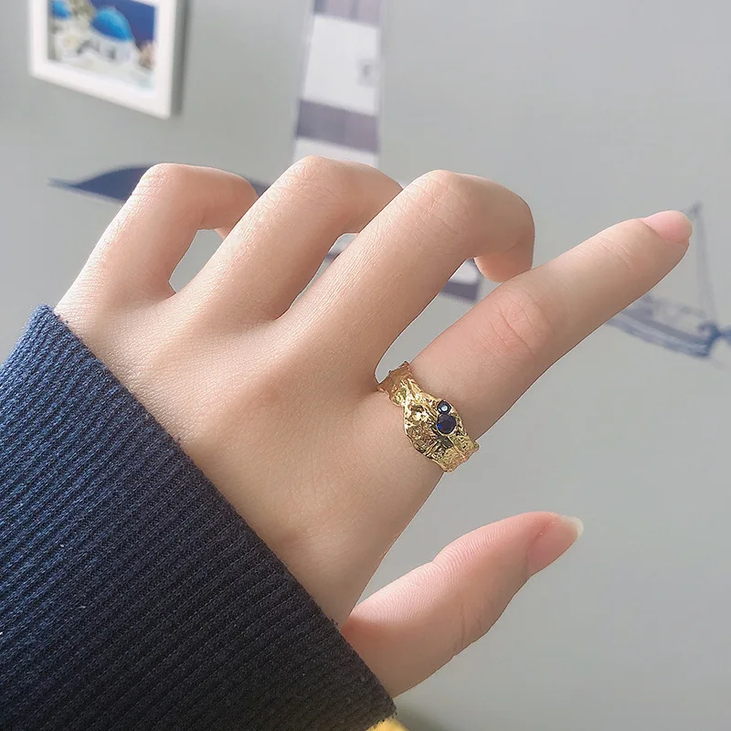 

Irregular Silver Blue Zircon Gold Color Rings Retro Distressed Opening Handmade Vintage Ring Fashion Fine Jewelry Accessories