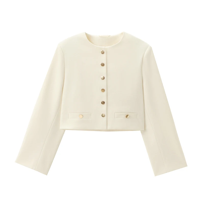 Description Picture 4 of itemWomen Cropped Jacket Fashion O Nack Long Sleeve Single Breasted Fake Pockets 2024 New Autumn Female High Street Short Outerwear