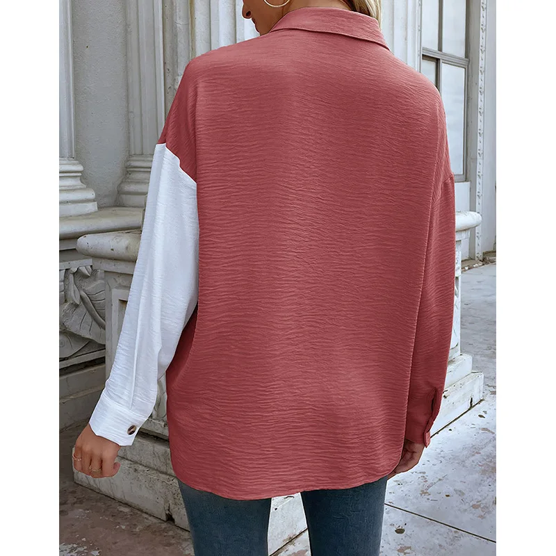 2023 Autumn New Cardigan Shirt Design Sensitive Polo Collar Color Matching Long Sleeves Splicing Pockets Single Breasted Blouse