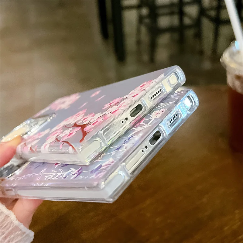 Coque de téléphone à motif de fleur laser pour Samsung Galaxy S25 S23 FE S24 Plus S22 Ultra A14 A15 A55 A54 A25 A35 A34 Coque arrière rigide en PC mat_voghion.com