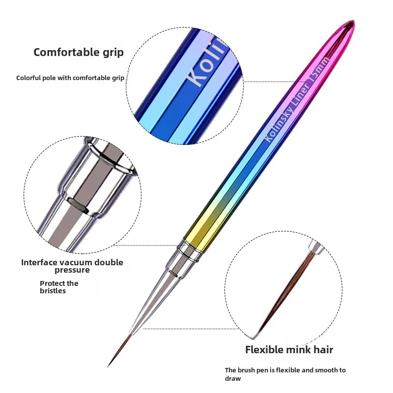 Nail Art Brush Rainbow Metal Long 100% Pure Natural Hair Professional Kolinsky Nails Art Liner Brush Nail Art Pen for Nail Desig 2