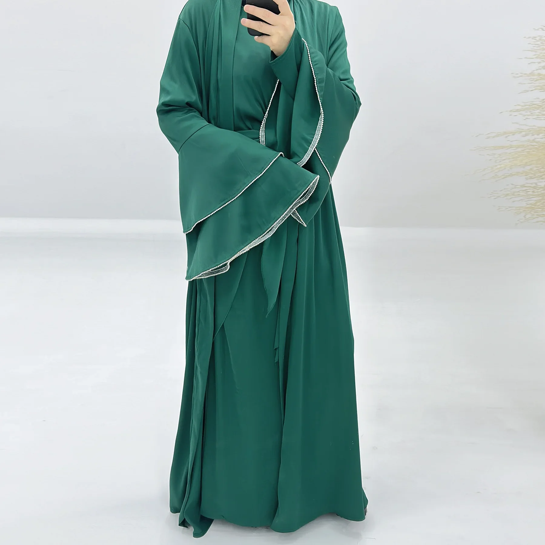 Wrinkle Satin Ruffled Sleeve Open Abaya 3 Piece Set Kimono+Inner Dress+wrap Skirt Muslim Sets Women Dubai Turkey Islam Outfit