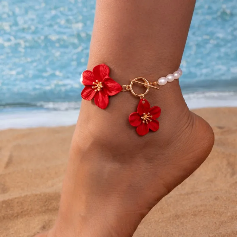 Gorgeous Faux Pearl Chic Flower Pendant Anklet for Women Delicate Forel 3D Flower Foot Chain Party Vocation Jewelry Gifts
