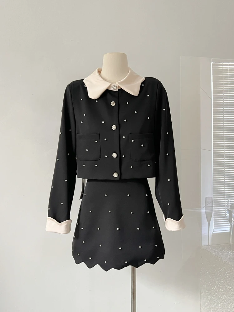 

Fashion Turn-down Collar Jacket for Women Single Breasted Long Sleeve Short Coat + High Waist Skirts 2023 Autumn Two Piece Set