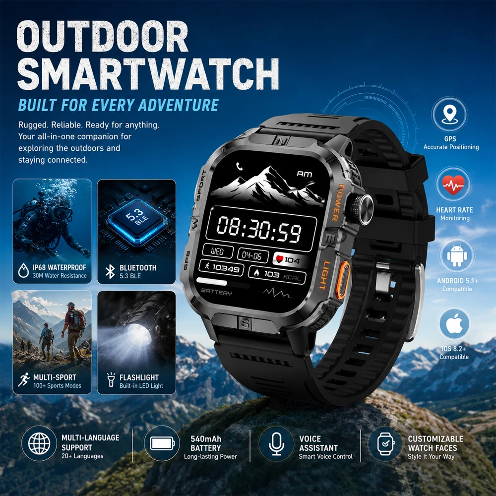 Smartwatch da Uomo con 6 Posizionamenti Satellitari, Impermeabile IP68, Chiamate BT, Batteria 540mAh, Schermo HD 2.01, 100+ Modalità Sportive - immagine 2