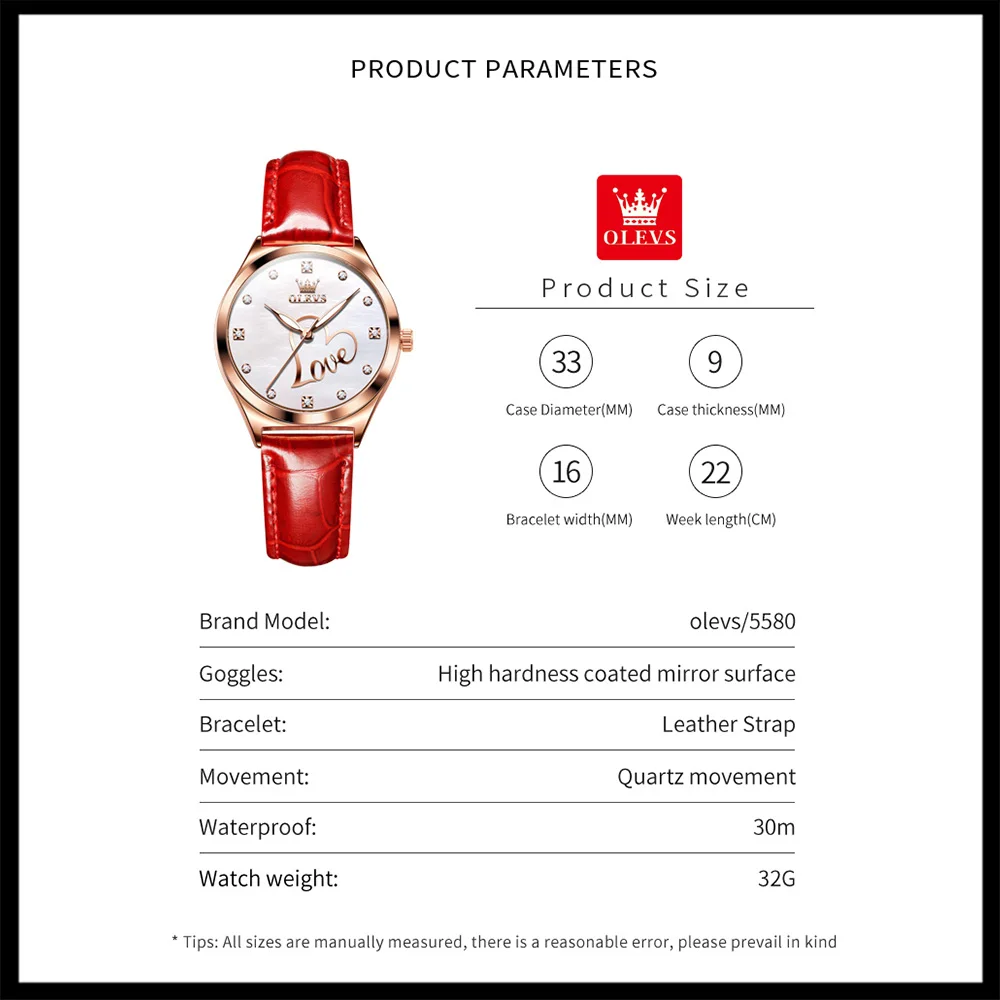 OLEVS Watch for Women Luxury Diamond Love Luminous Dial Women's Watch Waterproof Leather Strap Elegant Ladies Quartz Watch Reloj
