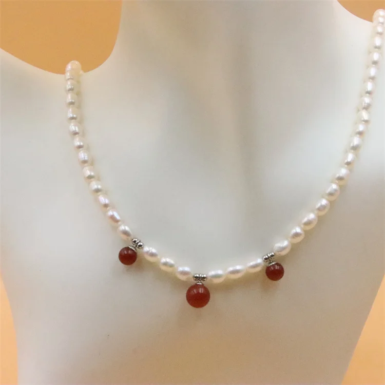 

ZFSILVER 100% 925 Sterling Silver Fashion Natural Freshwater Rice Pearl Necklace Elegant DIY Agate Jewelry Women DIY Gift Party