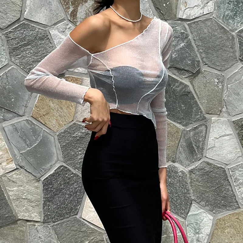 Top corto de un solo hombro con purpurina negra transparente, ajustado, liso, para mujer, top sexy de malla Y2K para fiesta, verano 2025