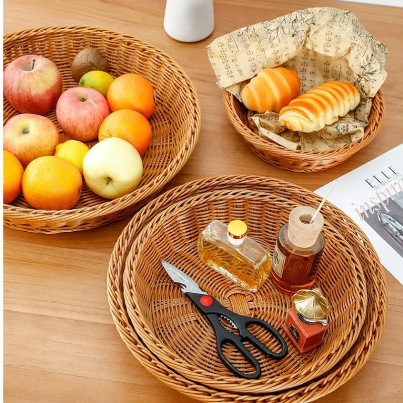 Handmade Woven Rattan Basket Creative Rattan Woven Fruit Basket Supermarket Display Basket Fruit Vegetable Round Storage Basket