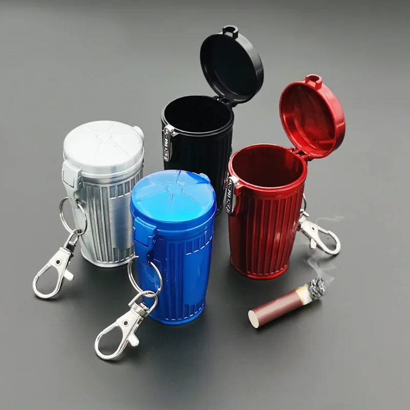 Portable Mini Ashtray with Lid for Outdoor Travel Metal Storage Box with Keychain Cigarette Accessories