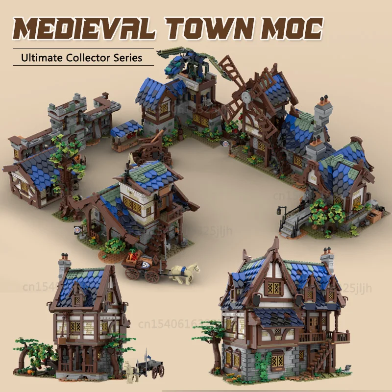 

Medieval Town MOC Building Blocks Town Market House Architecture Watermill Technology Bricks Display Model Creative Toys Gifts