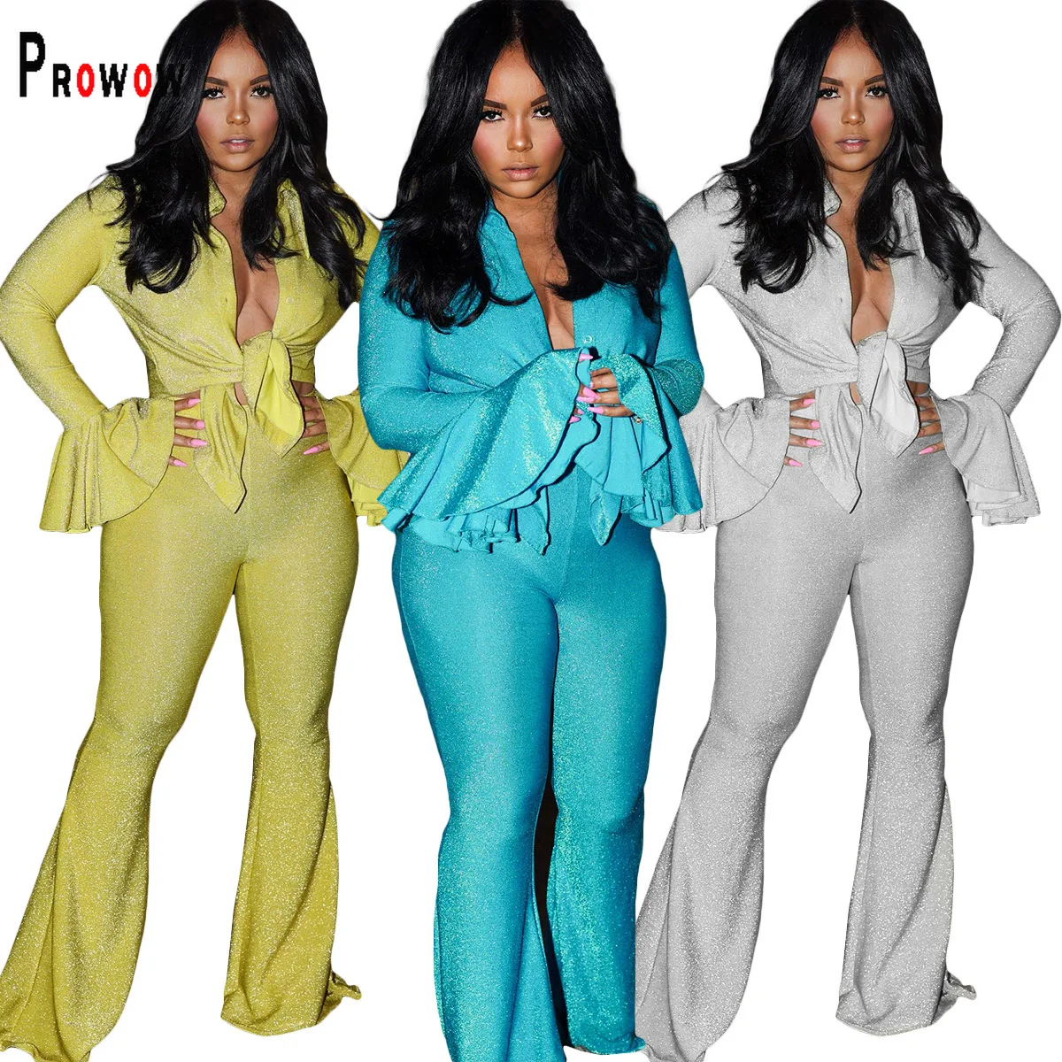 

Prowow Fashion Women's Two Piece Suits Flare Sleeve Blouses Pant Party Nightclub Wear Solid Slim Fit Clothing Set Ensemble Femme