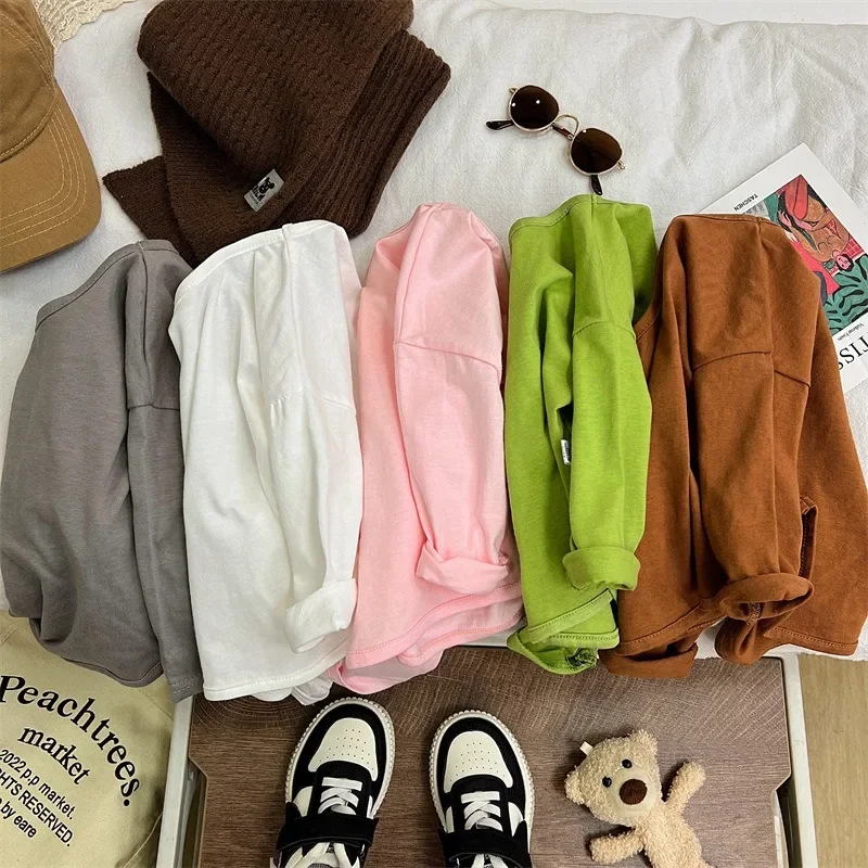 INS Baby girls Basic Tee Long Sleeve T-shirts Pure Cotton child Girl Tops Kids T-shirt Cotton Spring Tee Shirts  Boy Clothes