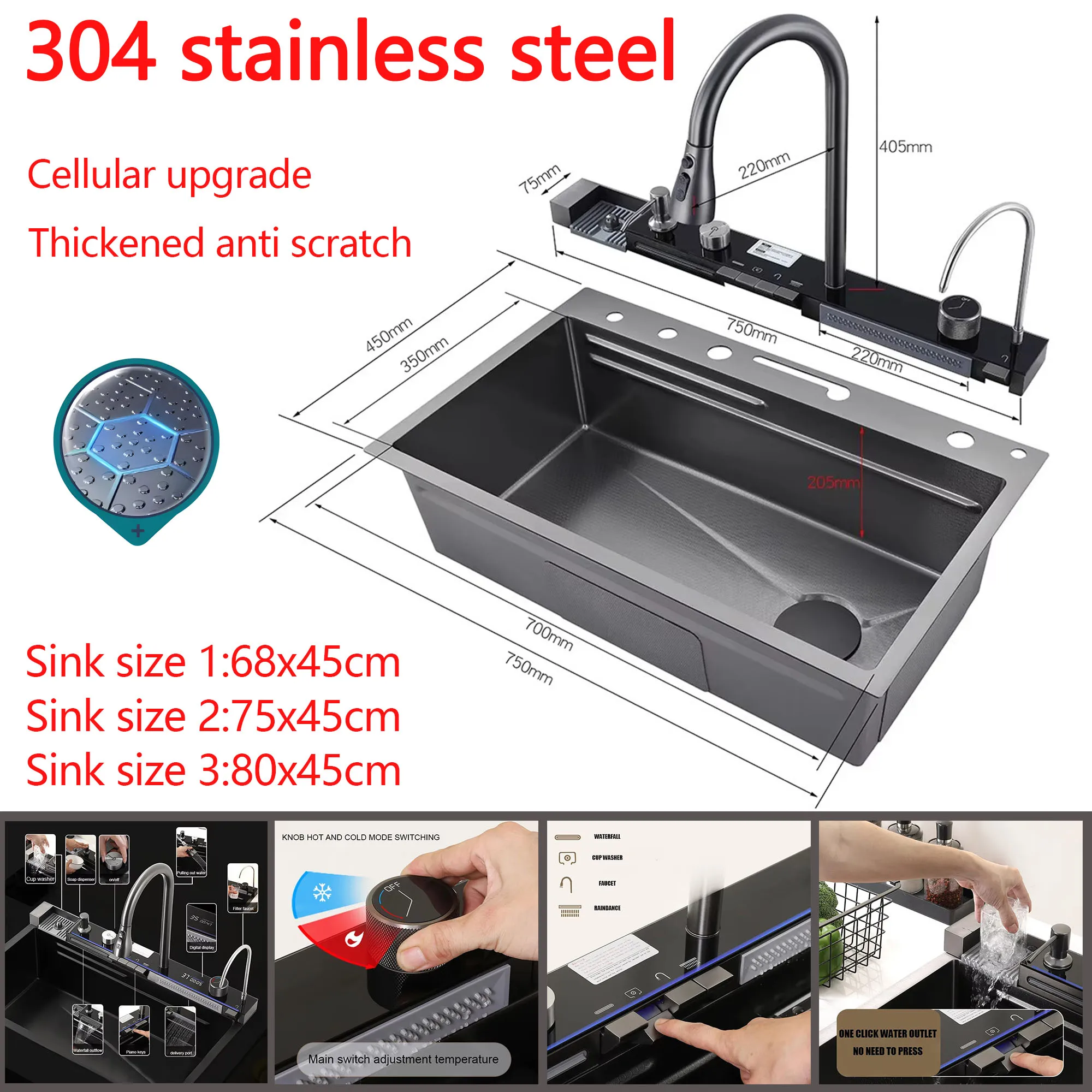304 Stainless Steel Waterfall Kitchen Sink Large Single Slot Integrated Digital Display Faucet Set Soap Dispenser Cup Washer