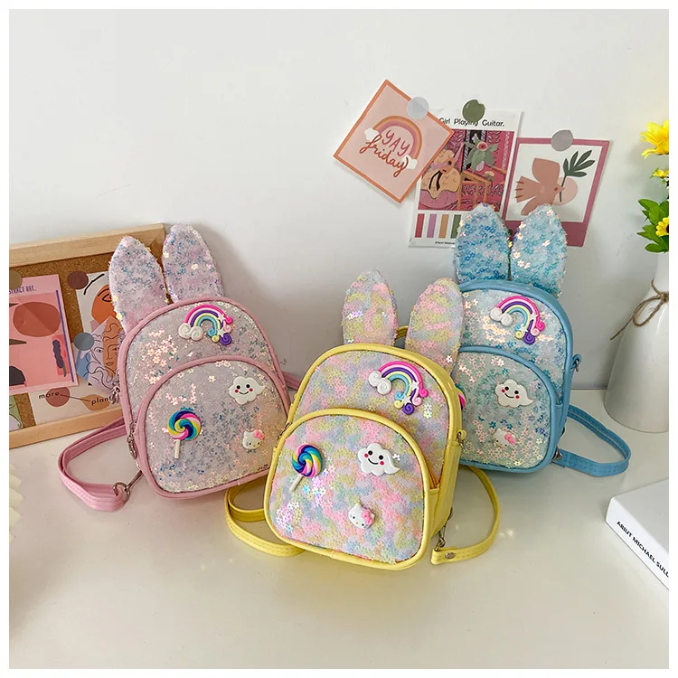 

Children's Small Kindergarten Schoolbag Shiny Sequined Shoulder Bag Rabbit Ears Cute Princess Small Backpack Girls Schoolbag