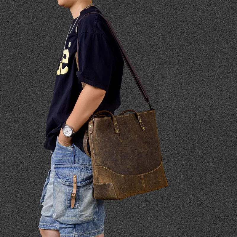 Fashion vintage crazy horse cowhide men's large tote bag business travel luxury genuine leather shoulder bag laptop handbag