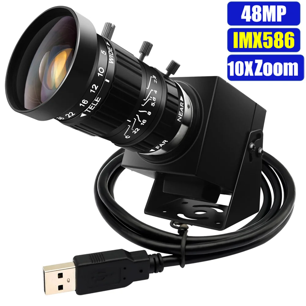ELP 48MP 10배 줌 USB 카메라 4K 30fps 비디오 디지털 현미경 웹캠..