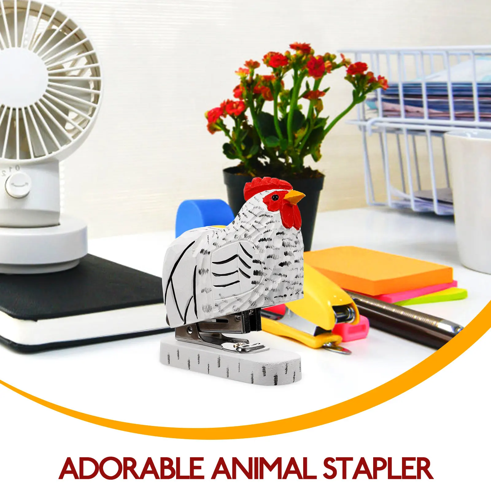 나무 수탉 모양 스테이플러 사무실, 가정, 여행용 재사용 가능한 종이 고정기 데스크탑 액세서리 재미있는 소품