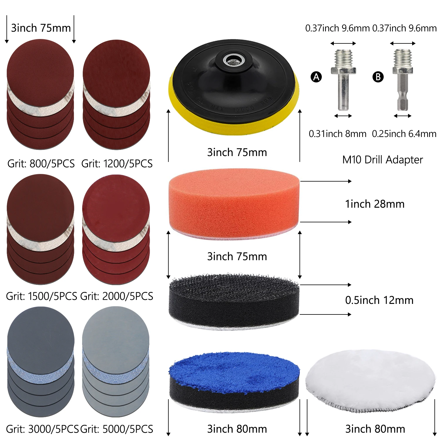 Car Polishing Buffing Sponge Foam Wool Pads Sandpaper Kit For Waxing Sanding Polisher M10 Drill Adapter Hexagonal Thread 3Inch