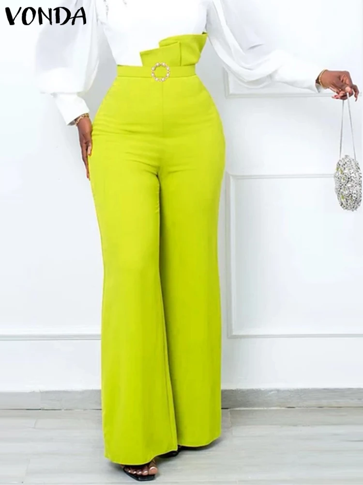 

VONDA Elegant Office Flared Pants Women 2023 Summer High Waist Ruffled Long Trousers Casual Solid Color Stylish Bell Bottoms
