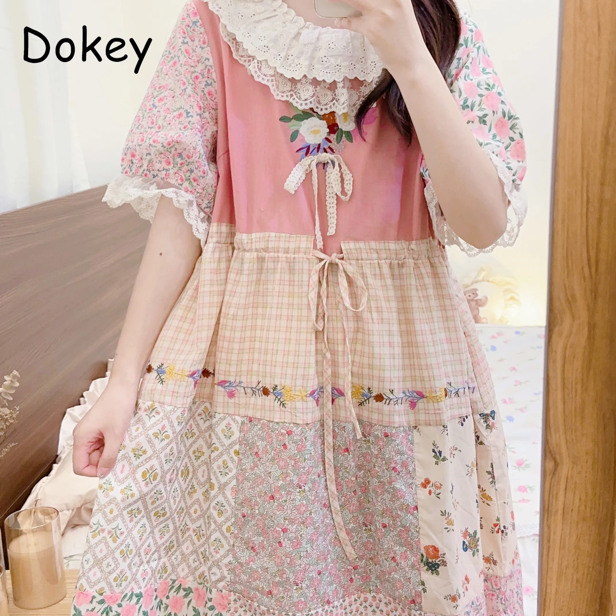 

Vintage Japanese Lace Peter Pan Collar Kawaii Dress Women Sweet Mori Girl Drawstring Ruffles Patchwork Cotton Linen Flower Dress