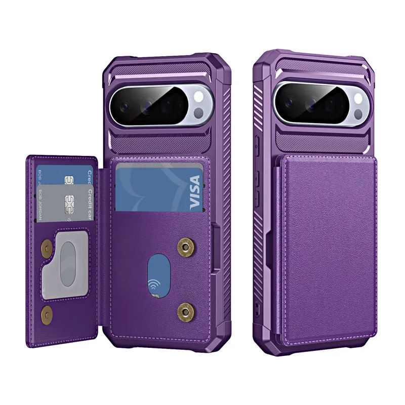 Heavy Duty Armor Leather Card Holder Wallet Case with Magnetic Wireless Charging Compatibility