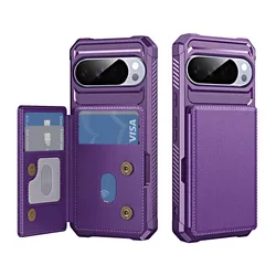 Heavy Duty Armor Leather Card Holder Wallet Case with Magnetic Wireless Charging Compatibility - Google Pixel 9 Pro XL (PURPLE)