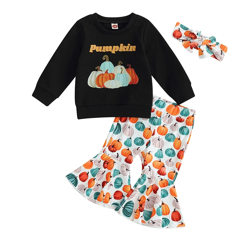 

Bmnmsl Baby Girls 3Pcs Halloween Outfits Colorful Pumpkin Print Tops + Flare Long Pants + Headband Set Toddler Clothes