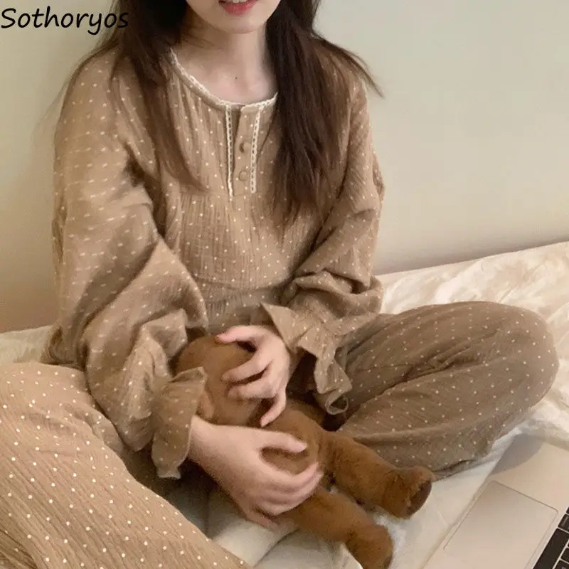 Pajama Sets Women Simple Retro Polka Dot Autumn Loose Sleepwear Korean Students Ins Long Sleeve Cozy Home Clothing Two Pieces