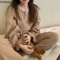 Pajama Sets Women Simple Retro Polka Dot Autumn Loose Sleepwear Korean Students Ins Long Sleeve Cozy Home Clothing Two Pieces