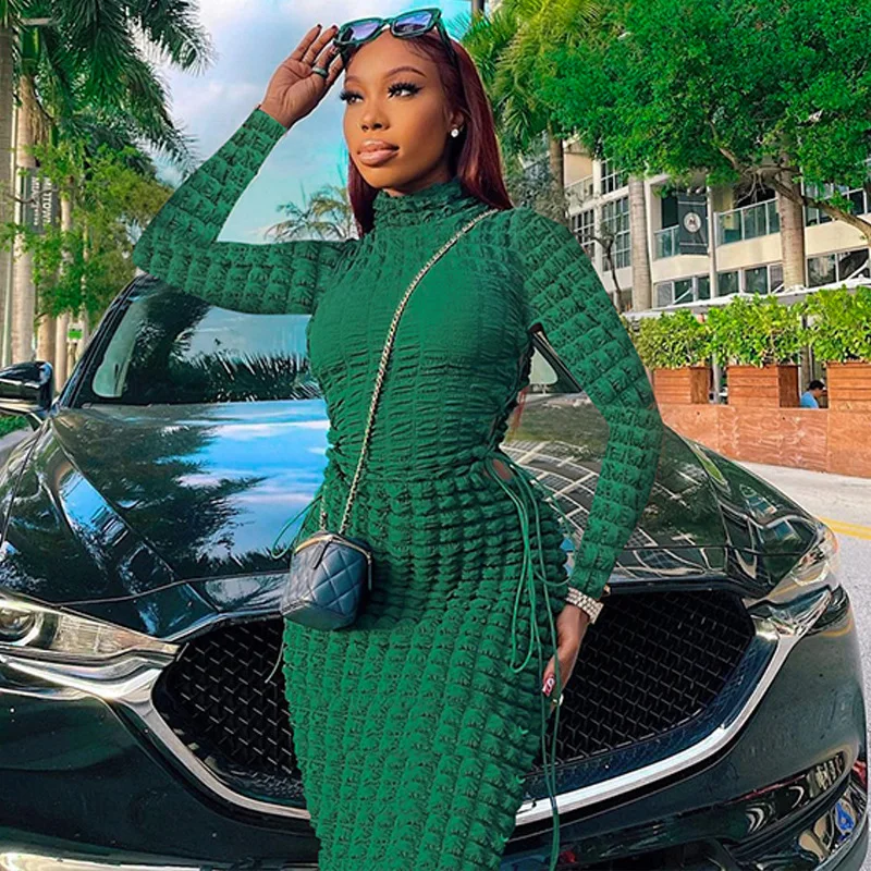 

Autumn Ruched Sexy Y2K Clothes Lace Up Hollow Out Long Sleeve Bodycon Midi Dresses for Women 2022 Club Party Dress