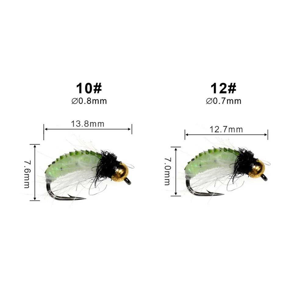 10pcs/box Luminous Fly Fishing Flies Nymph Brass Bead Head Trout Bass Fast Sinking CDC Fiber Insect Lure Streamer Salmon #10 #12