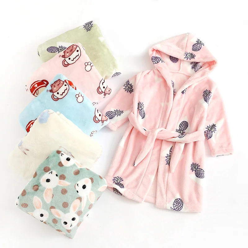 Spring & Autumn Kids Robes Cartoon Animal Print Robes for Kids Flannel Long Sleeve Hooded Bathrobe for Children 2-6 Years