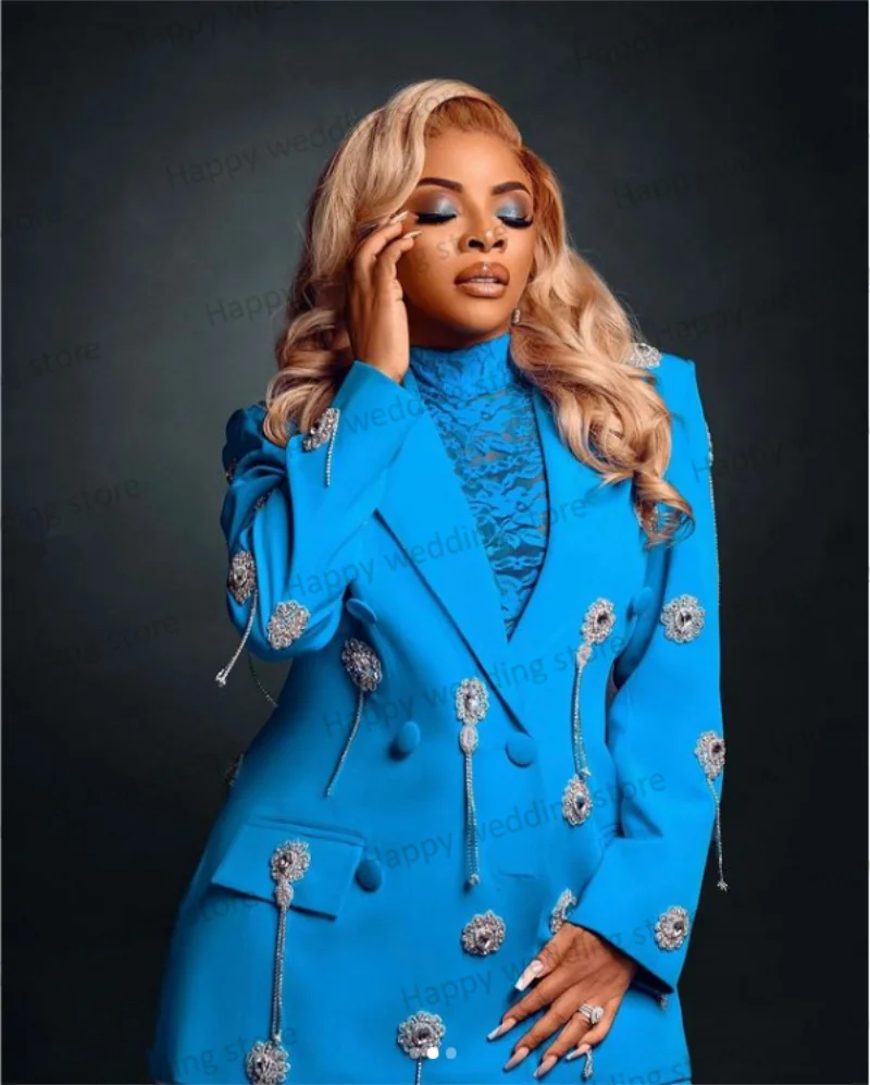 Women Suit Set 2 Pieces Royal Blue Women Pants Suits Set Blazer + Wide Leg Trousers