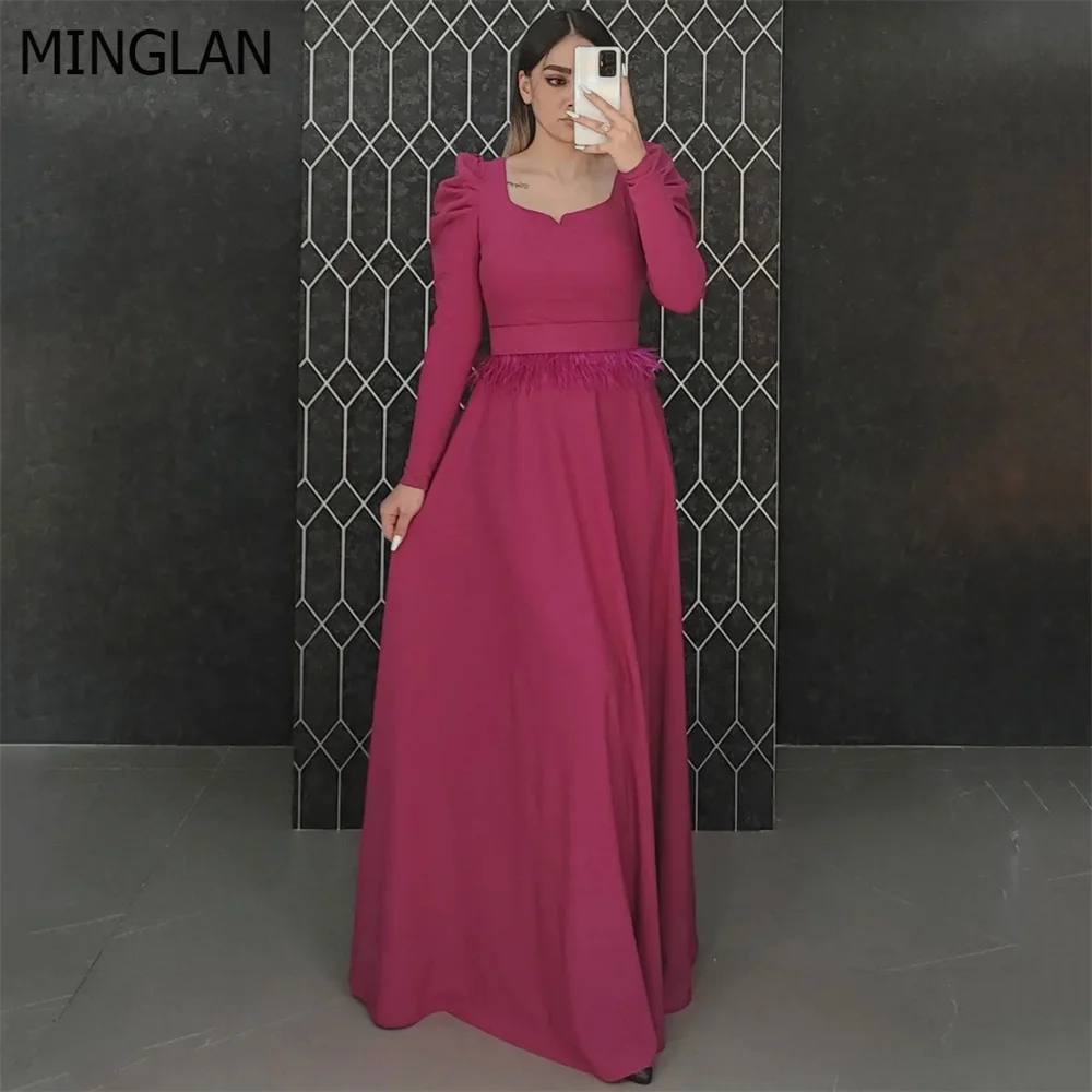 

MINGLAN Fashion O Neck Feathers Full Sleeve Pleat Prom Dress Floor Length Sweep Train A Line Long Evening Gowns New In 2023