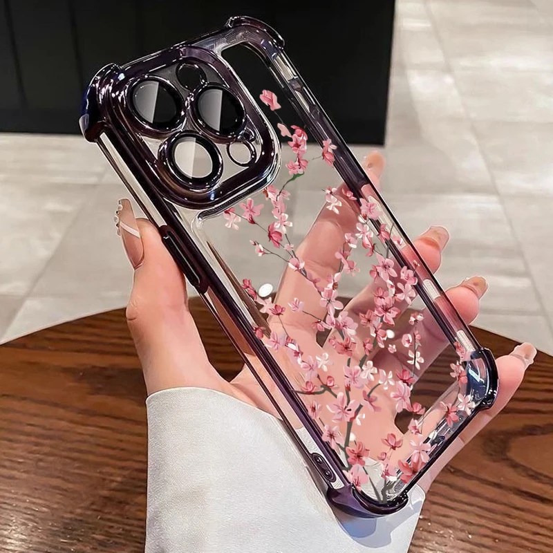 Plum Blossom Electroplated Transparent Soft Phone Case with Airbag Anti-Fall Protection